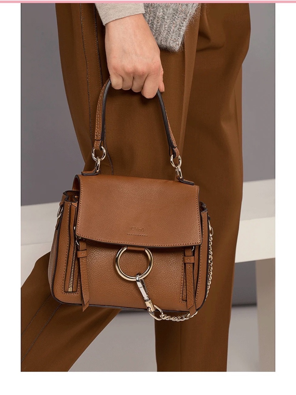 Chloe Brown Leather Top-Handle Satchel with Ring & Chain Hardware